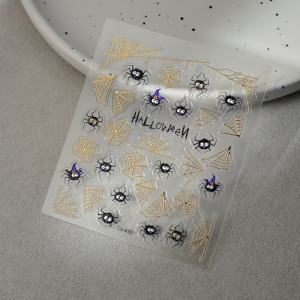 สติกเกอร์ติดเล็บลายใยแมงมุมโลหะสำหรับตกแต่งเล็บทำเอง DIY ฮาโลวีน สีทอง ลายนูน 5D สไตล์ Y2K สำหรับตกแต่งเล็บที่บ้านสำหรับสาวๆ