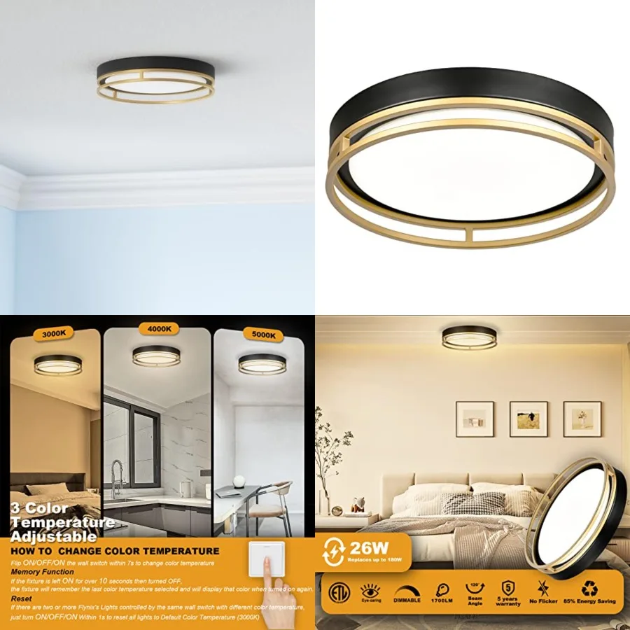 12.5 Inch LED Flush Mount Ceiling Light Fixture, 26W, Super Bright 1700 Lumens, 3 Color 3000K/4000K/5000K, Dimmable Ceiling Lam