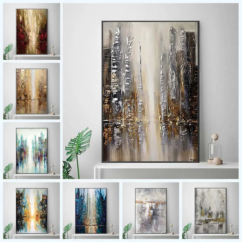 Abstract Future City Landscape Oil Painting On Canvas Modern Hand Painted Wall Art Silver Gray Picture Living Room Home Decor