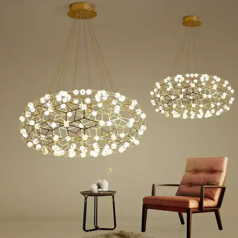 Modern Full star living room chandelier simple creative round wave bird's nest light stainless steel decorative hotel