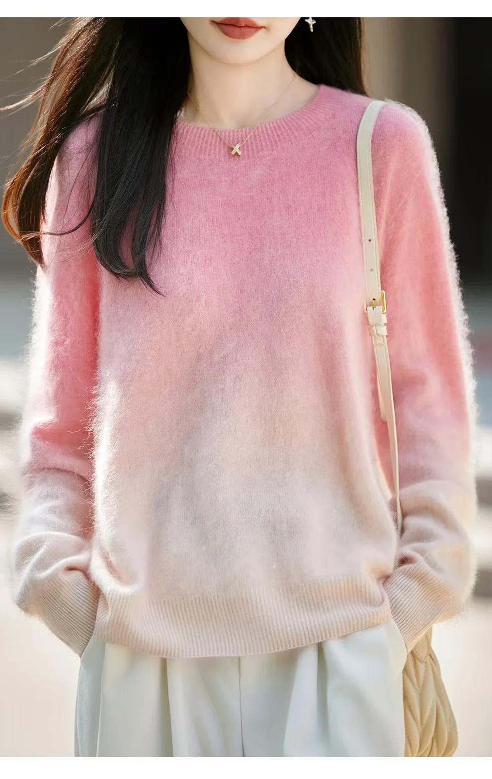 Lazy wind gradient brushed 100% pure cashmere sweater atmosphere long sleeve knitted cashmere