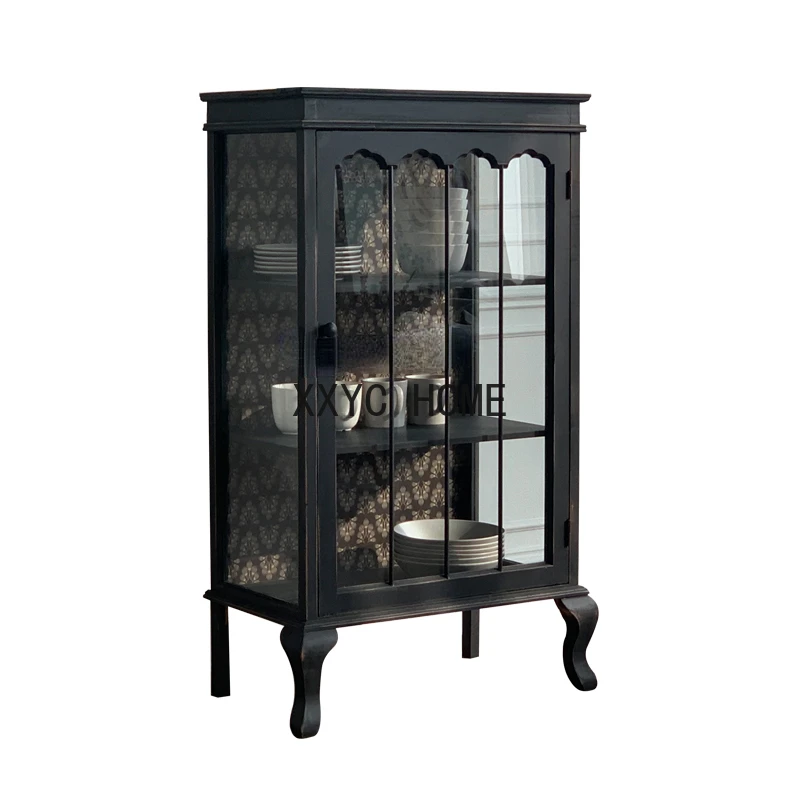 

Country Style Black Wooden Glass Dining Room/Living Room Hallway Display Locker Sideboard Cabinet