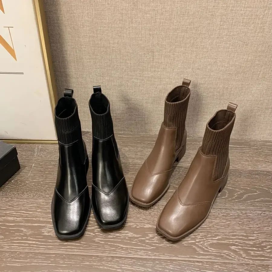 Botas de calcetín de punto elástico para mujer, botines de punto elástico a la moda