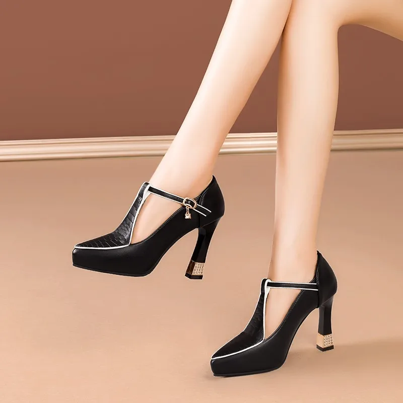 

9.5CM Buckle Strap Pumps Sexy Thin Heels Beautiful Women's Shoes T-tied Pointed Toe Pumps Leather Fashion Work Shoes SIZE 34-43