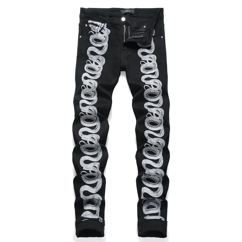 Men's High Street Hip Hop Jeans Pants Snake Printed Streetwear Denim Trousers Stretchy Y2K Bottoms For Man Black