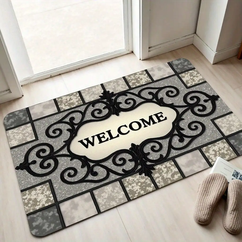 1pc 2D Flat Printing Flannel Material Door Mat, Outdoor Courtyard Door Mat, 1pc Welcome Door Mat - Stone Texture Design, Machine Washable Indoor/Outdoor Mat