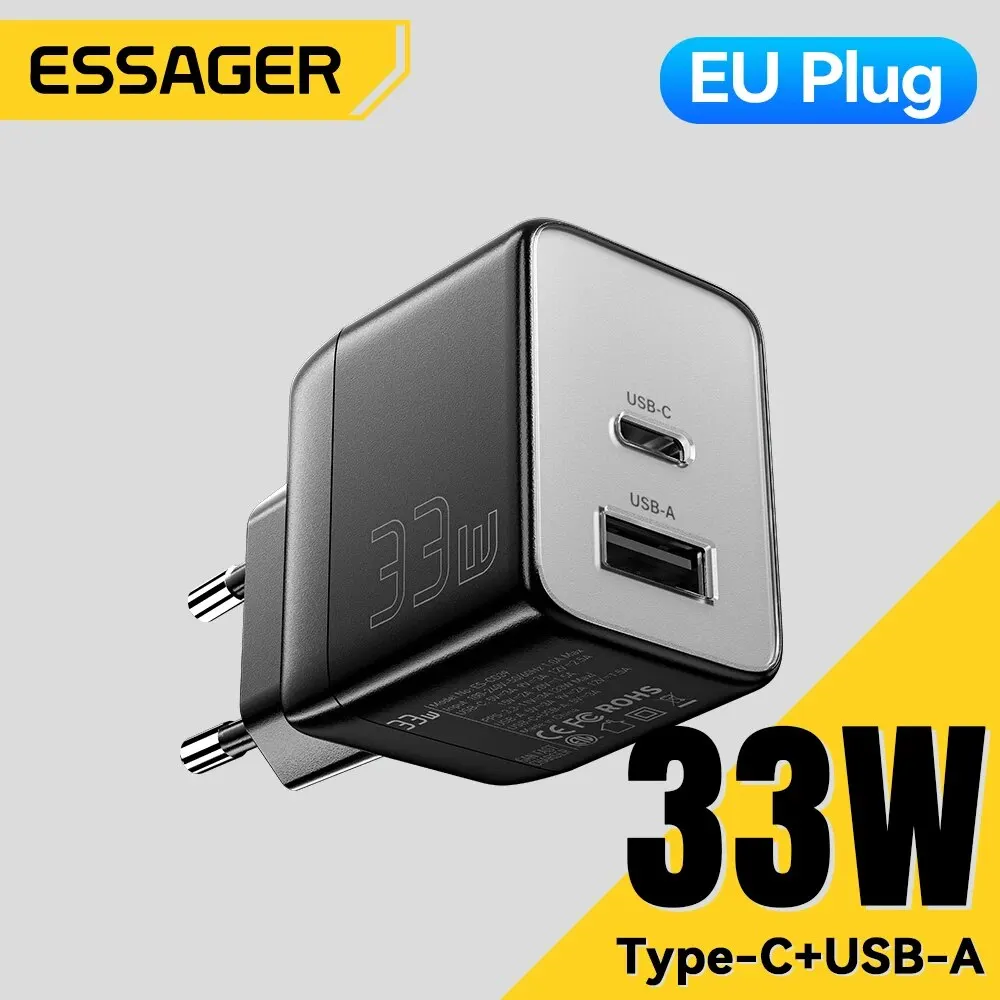 Essager GaN 33W USB Charger Fast Charger PD QC 3.0 USB C Charger Quick Charger For iPhone 14 13 Travel Charger for Samsung S21