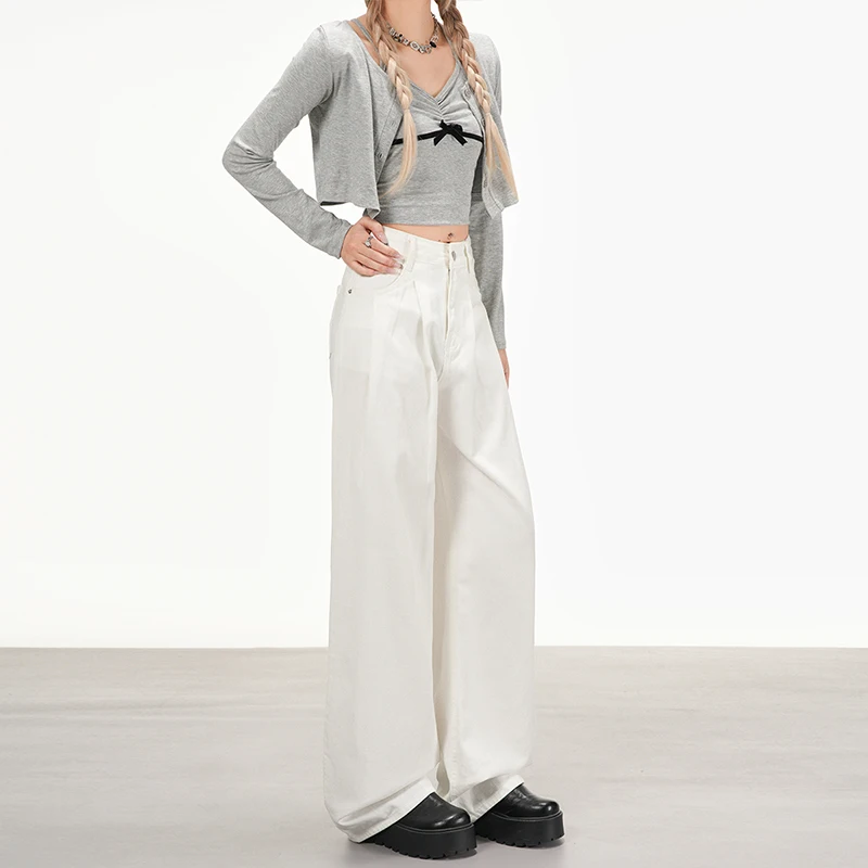 レディースパンツ Y2K ジーンズ バギーパンツ ホワイト ストレッチ 快適フィット スリムで背が高く見えるスタイリッシュな服装に バギージーンズ