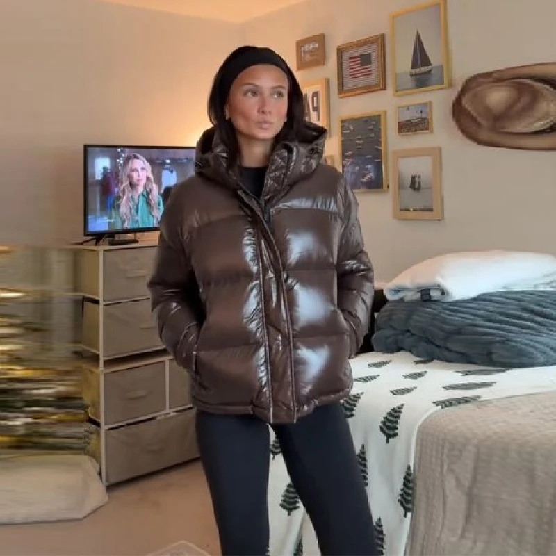 

Brown Women's Down Jacket High Collar Detachable Hooded Cotton Padded Coat Zipper Puffer Jackets 2025 New Winter Lady Coats