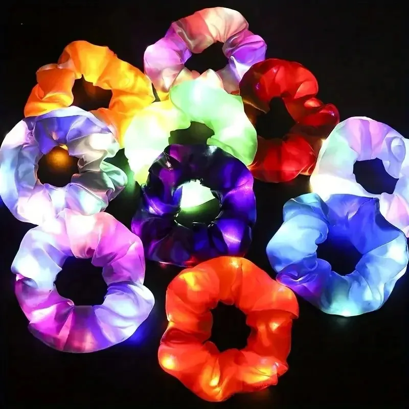 LED Glow Large Sausage Hair Tie DIY Night Light Headband Shiny Cheer Hairband Elastic Hair Accessories for Christmas Party Decor