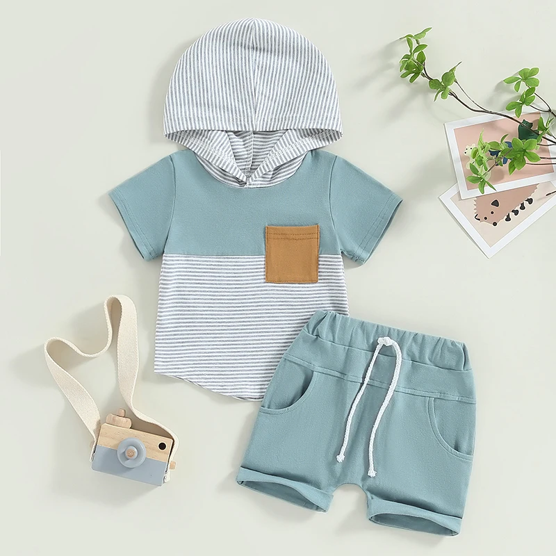 Toddler Baby Boys Summer Shorts Outfits Short Sleeve Hoodie Color Block Stripes T Shirt and Shorts Clothes Set