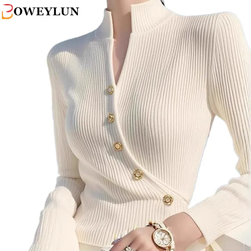 

BOWEYLUN Autumn Slim White Half High Neck Long Sleeve Sweater Knitted Bottom Shirt Women Commuter Cardigan Tops