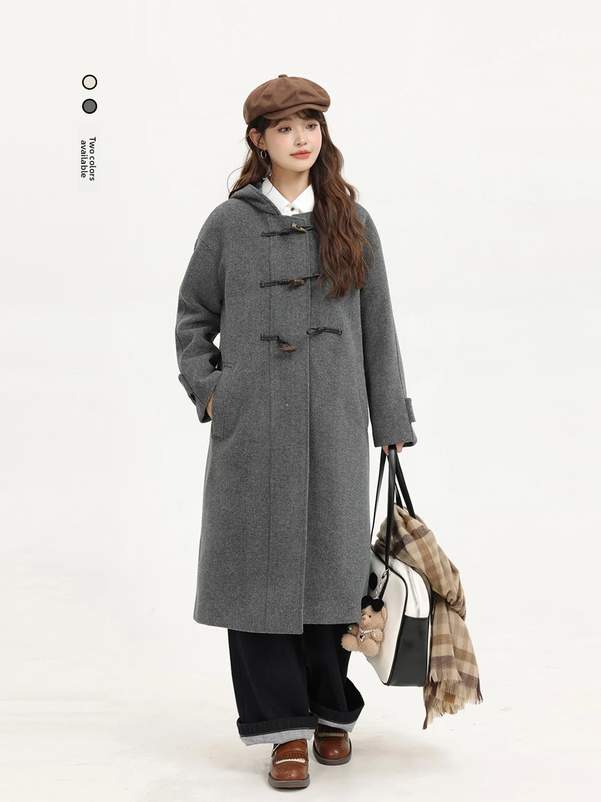 

Xinmon ey клетчатое шерстяное пальто с капюшоном, длинное винтажное зимнее пальто на пуговицах, корейская свободная посадка для поездок на работу Faion