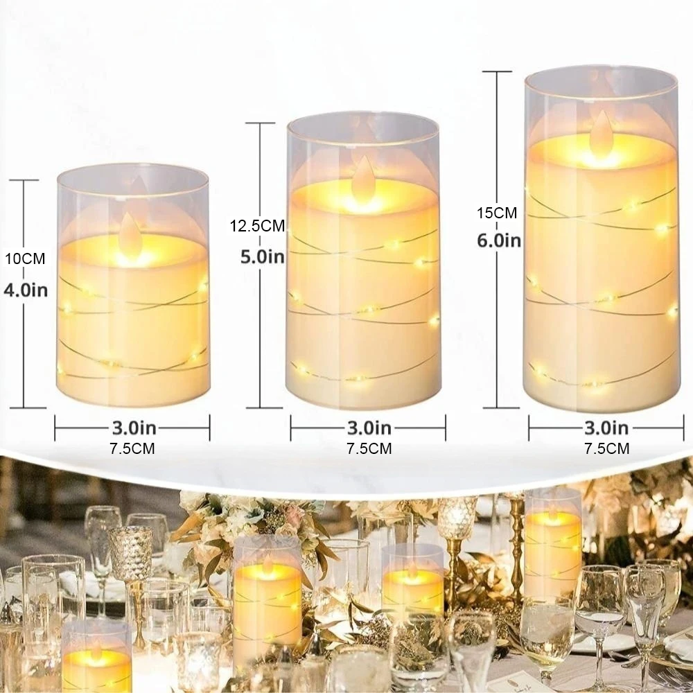 3pcs LED Candles Flameless Light Kit with Remote Control Flames Bulb Grey/Clear Glass Set Of 3 Christmas Decorations for Home