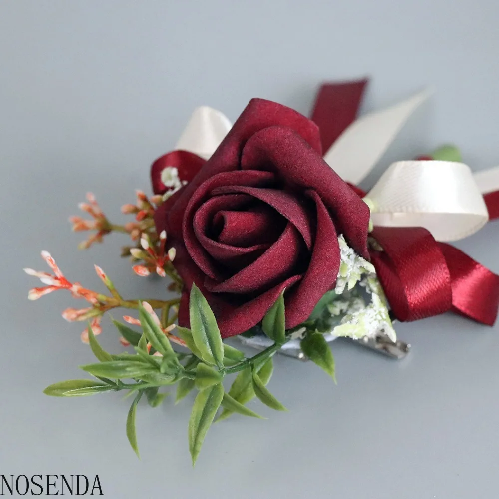 Burgundy Men Boutonniere Ribbon Wrist Corsage Bridesmaid Boutonniere Marriage Accessories Wedding Decoration  Flower for Bride