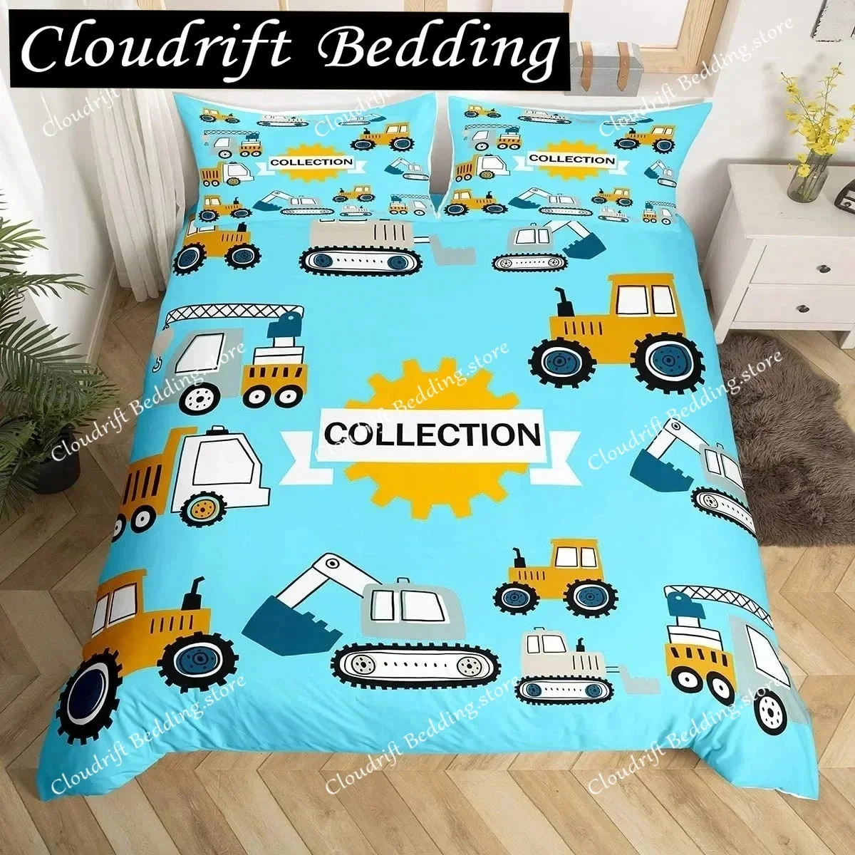 3D Equipment Trucks Duvet Cover King Kids Boys Cartoon Car Excavator Tractor Bedding Set Construction Comforter Cover Set