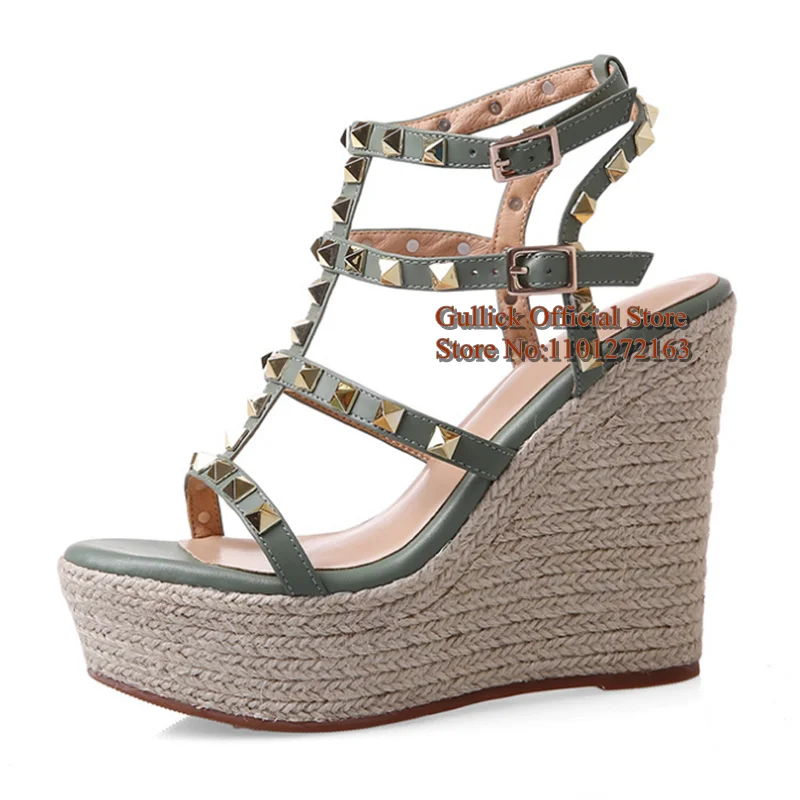 Modern Weave Braid Platform Wedge Sandals Open Toe Gold Studded T Bar Straps Women Summer Sandals Green Beige