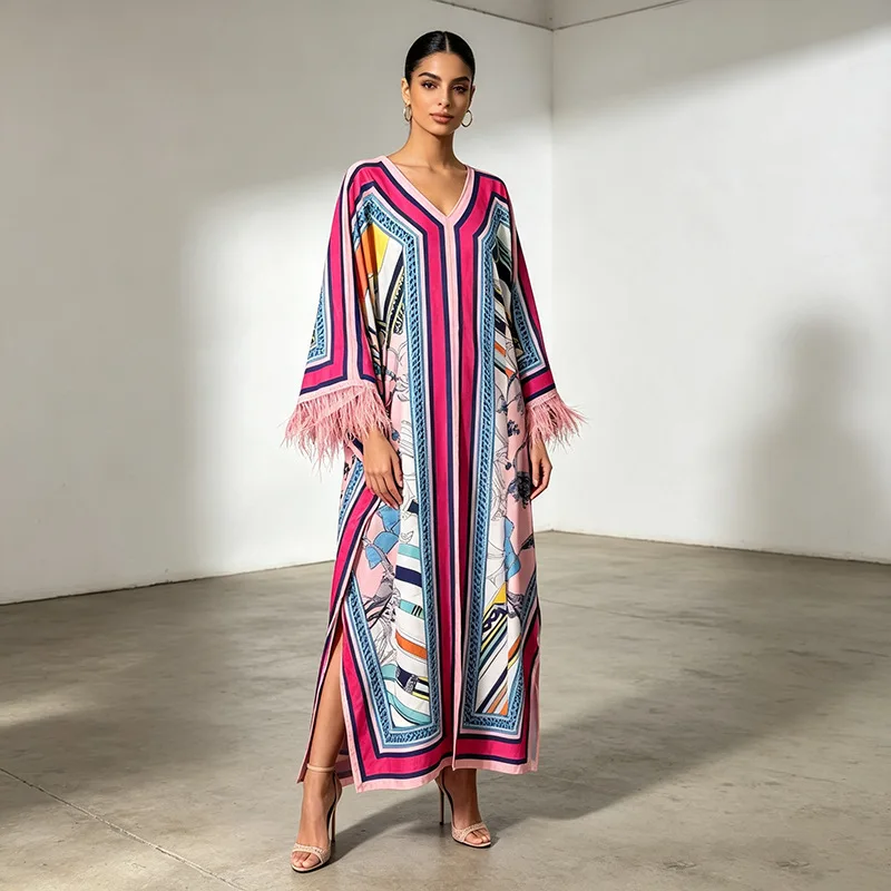 Random Vacation-style Dress, 2026 New Collection, Featuring Bat Sleeves, Fashionable Prints, Patchwork, Feather Detailing,   And