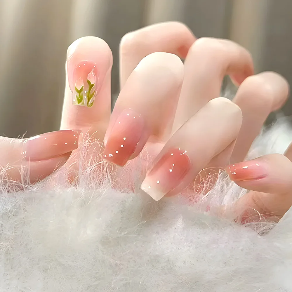 

24Pcs Mid-length Square Head False Nail with Red Gradient Tulip Design Press on Fake Nails Wearable Almond Full Cover Nails Tips