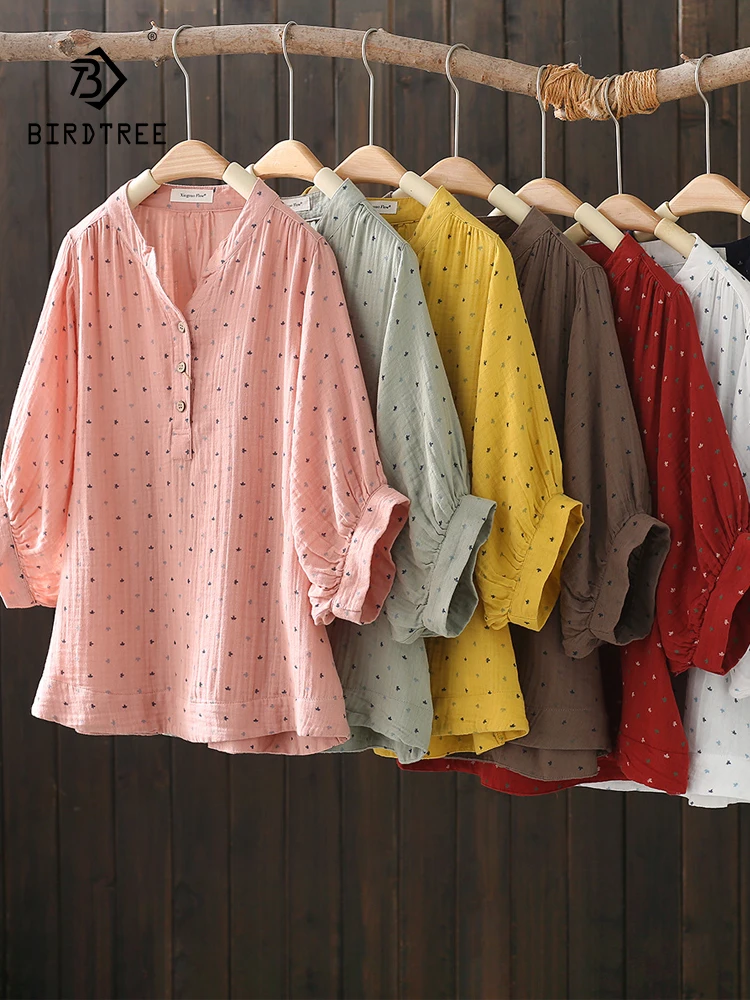 New Spring Cotton Yarn Print Shirt Women V Neck Half Sleeve Versatile Top Girl Commute Loose Casual Blouse 2024 Autumn T44647QC