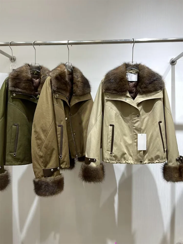 2025 inverno quente mulheres ganso para baixo jaquetas natural real muskrat gola de pele manguito feminino outwear casacos puffer jaquetas