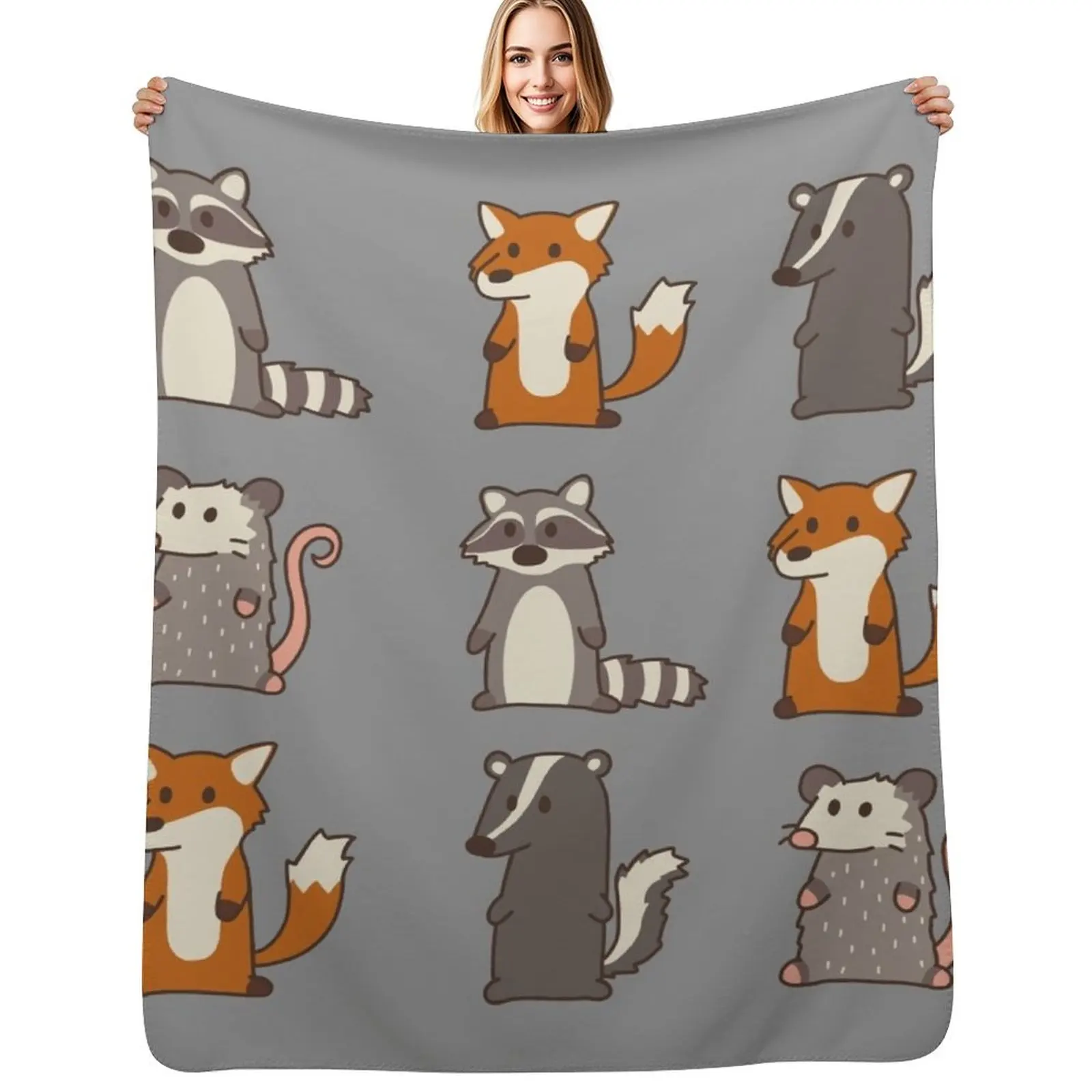 

fox, raccoon, opossum & skunk woodland friends #3 Throw Blanket Thermals For Travel Beach Hairys bed plaid Blankets