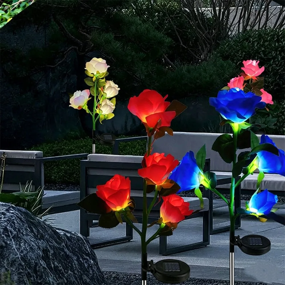 5 Heads Rose Lawn Lamp Solar Lights Outdoor Decorative Solar Garden Lights for Yard Patio Garden Wedding Decor Fairy Lights
