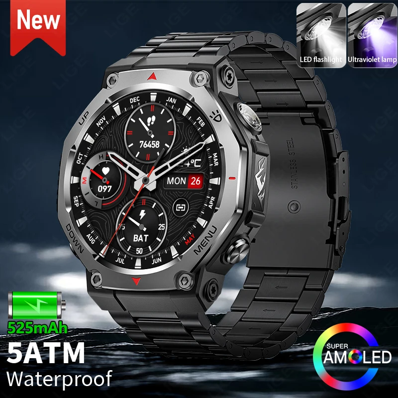 LIGE T-Rex 3 Ultra Smart Watch with LED Flashlight/UV Light 5ATM Waterproof Bluetooth Call Sports Smartwatch Men for Android iOS