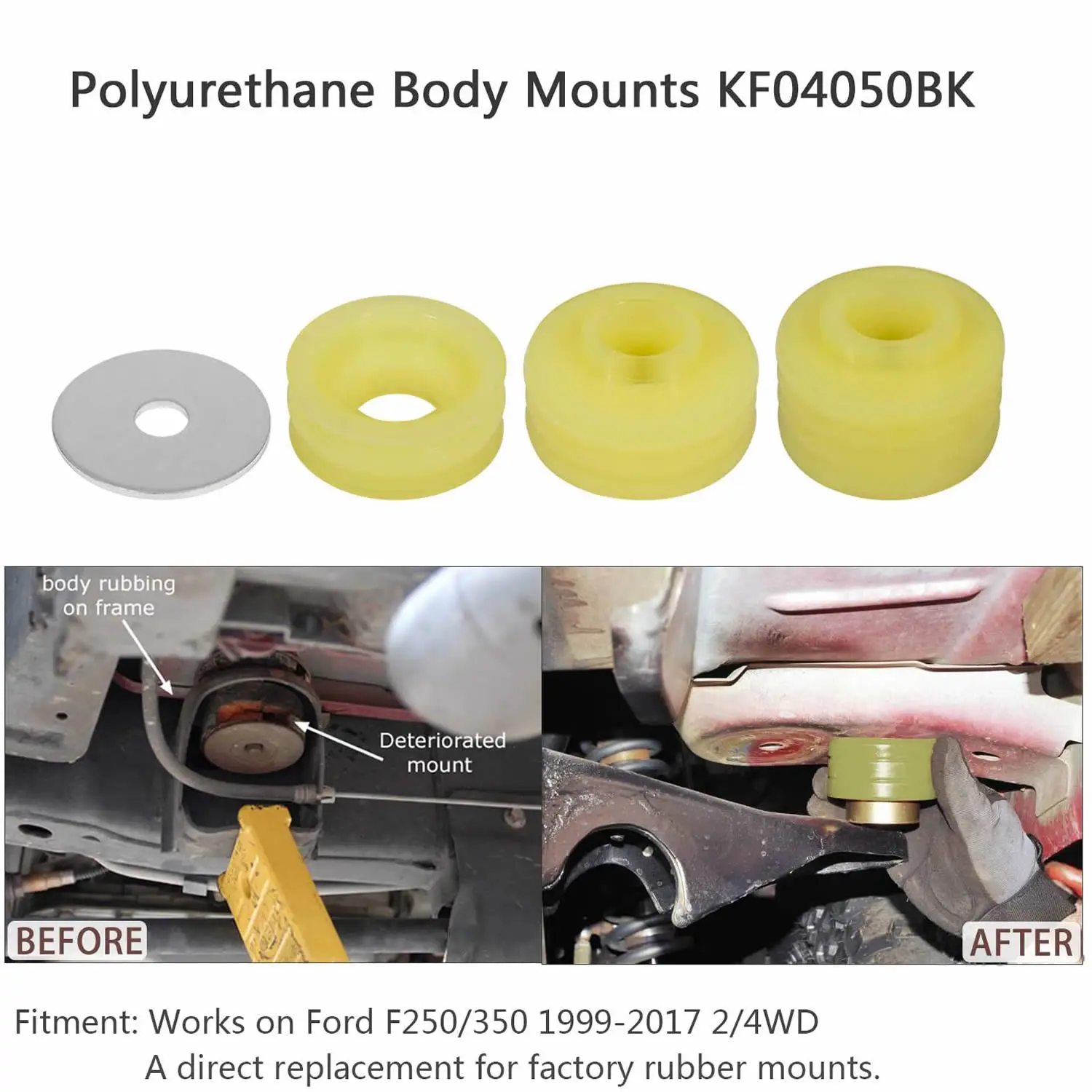 KF04050BK Body Mount Bushing Kit for Ford F250 F350 1999-2017 2WD 4WD Polyurethane Body Mounts Yellow/black