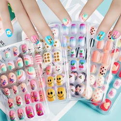 24Pcs/set Cartoon Girl Fake Nails Colorful Kawaii Kids False Nails with Jelly Glue & 1 Pcs File Nail Press On Nail Manicure Tips