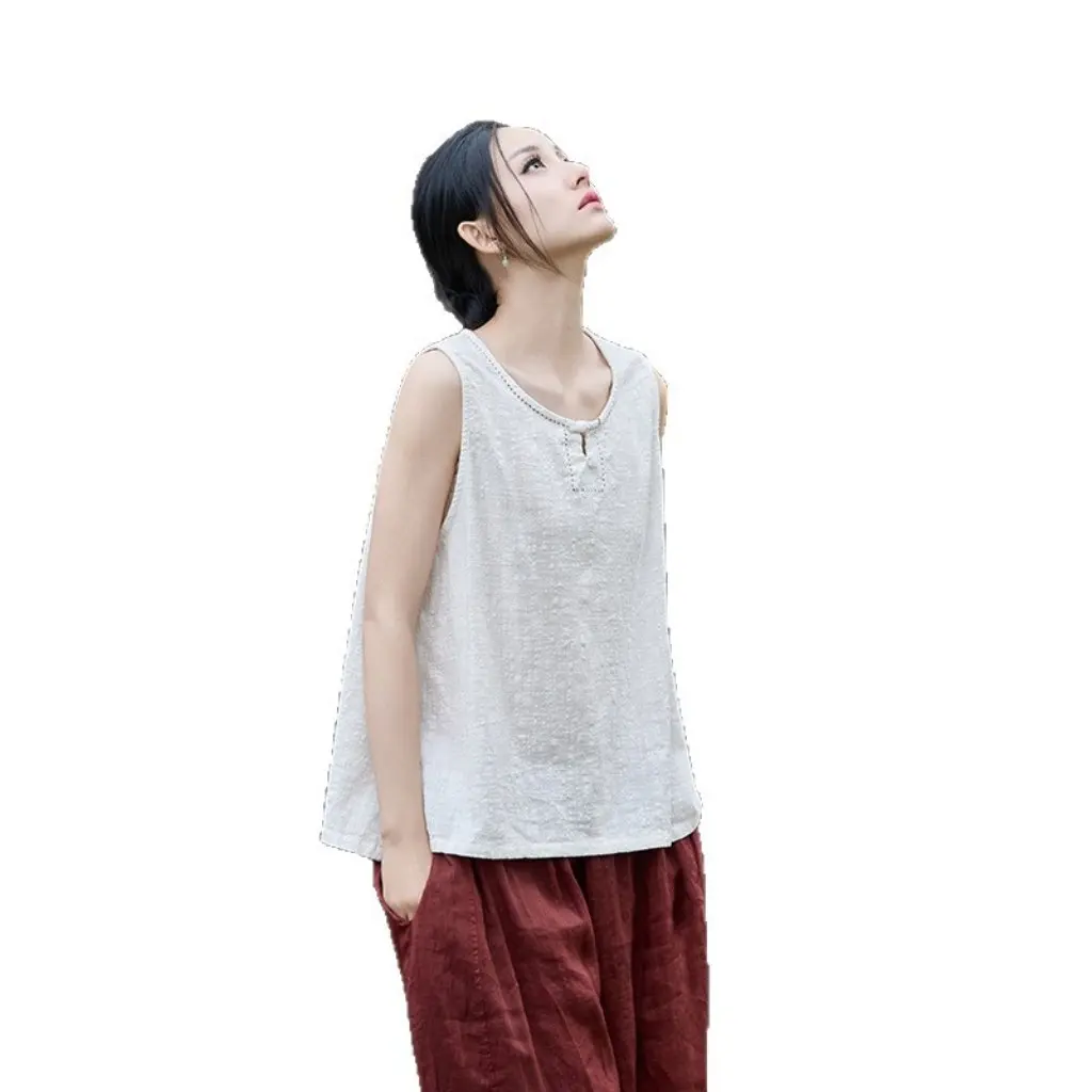 

Осенний хлопковый льняной жилет для женщин, бамбуковый легкий китайский ретро-дизайн на пуговицах ручной работы, универсальный пуловер с ручной вышивкой