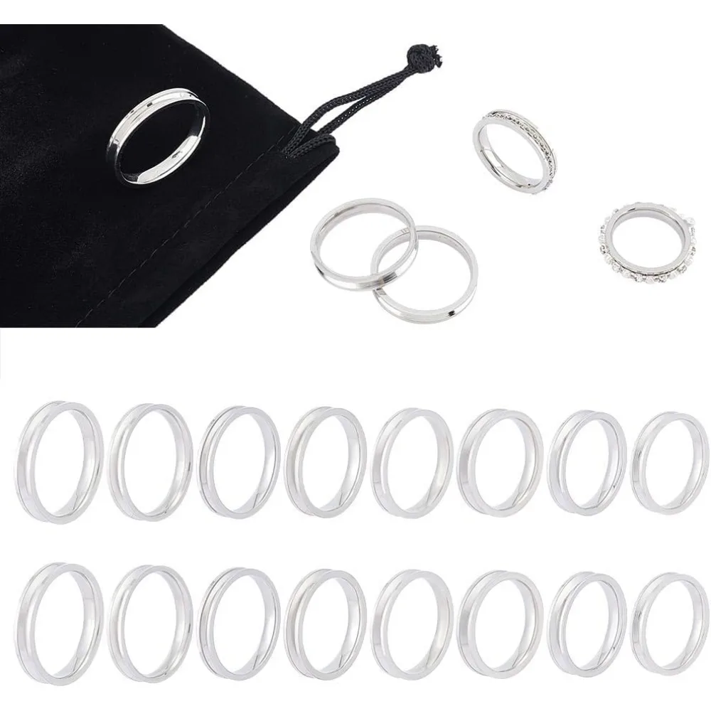 24pcs Blank Core Ring Size 6-13 Stainless Steel 2mm Narrow Grooved Ring with Velvet Pouches Round Empty Ring for Making Kit