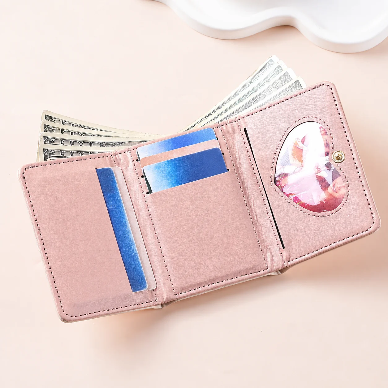 Bow Decor Wallet Compact Women'S Tri-Fold Mini Wallet Compact Card Wallet Sweet Pu Leather Small Purse For Daily Outings Campus