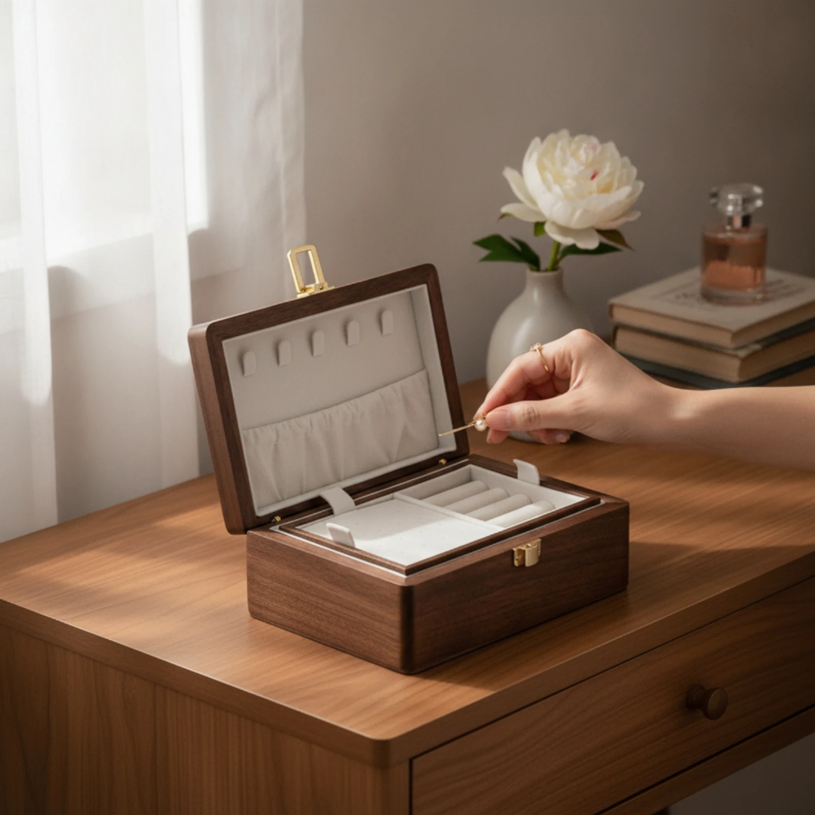 Wooden Jewelry Box Organized Walnut Jewelry Box Organizer Long-Lasting Wear-Resistant for Women, Dresser, Vanity