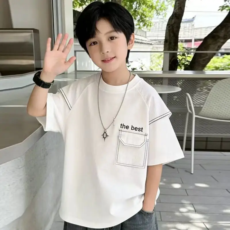 

Boys' Cotton Short Sleeved T-shirt 2026 Summer New Item Handsome Half Sleeved Breathable Top For Teenagers
