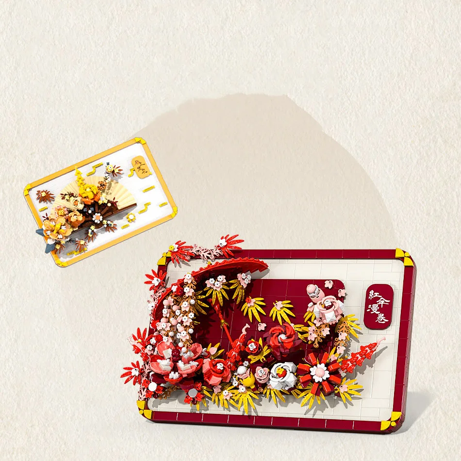 Idee Mini Block Blume Gebäude Ziegel China 3D Foto Rahmen Fan Regenschirm Bau Modell Spielzeug Sammlung Für Mädchen Geschenke