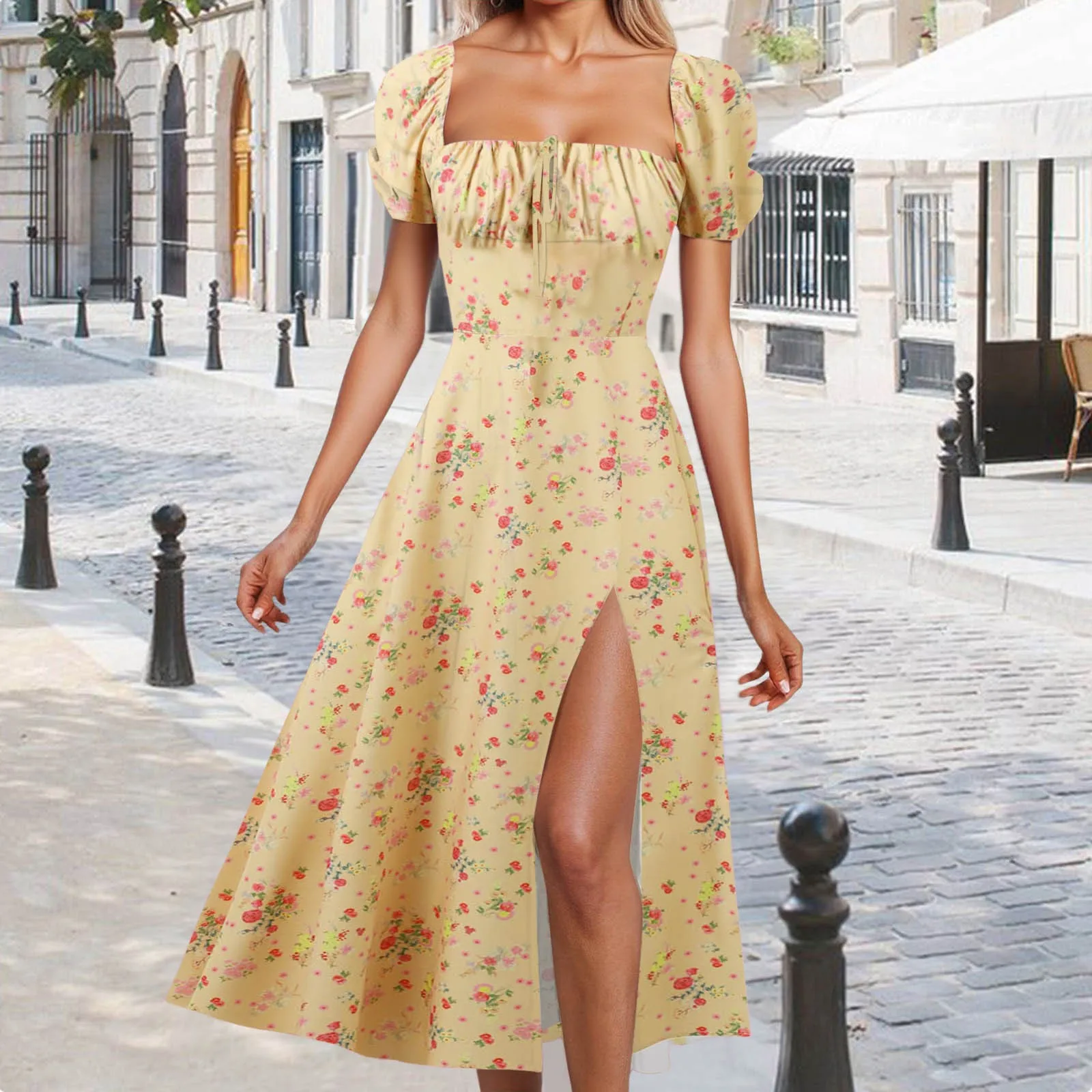 

Summer Ladies Floral Print High Split Dress French Style Solid Color Slim Waist Dress Comfortable Temperament Women's Dress