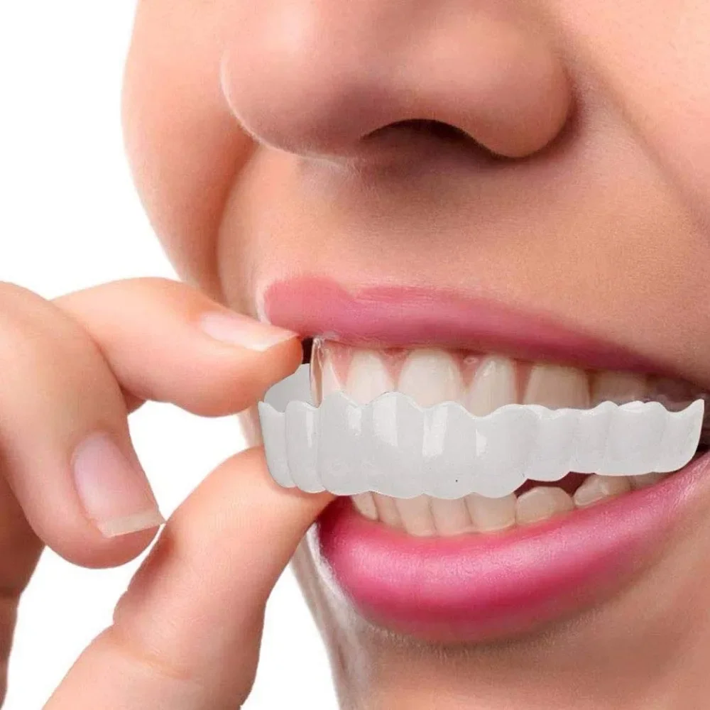 2Pcs Teeth Upper Beauty Tool Cosmetic Teeth Perfect Fit Teeth Whitening Fake Tooth Cover Snap on Silicone Smile Veneers