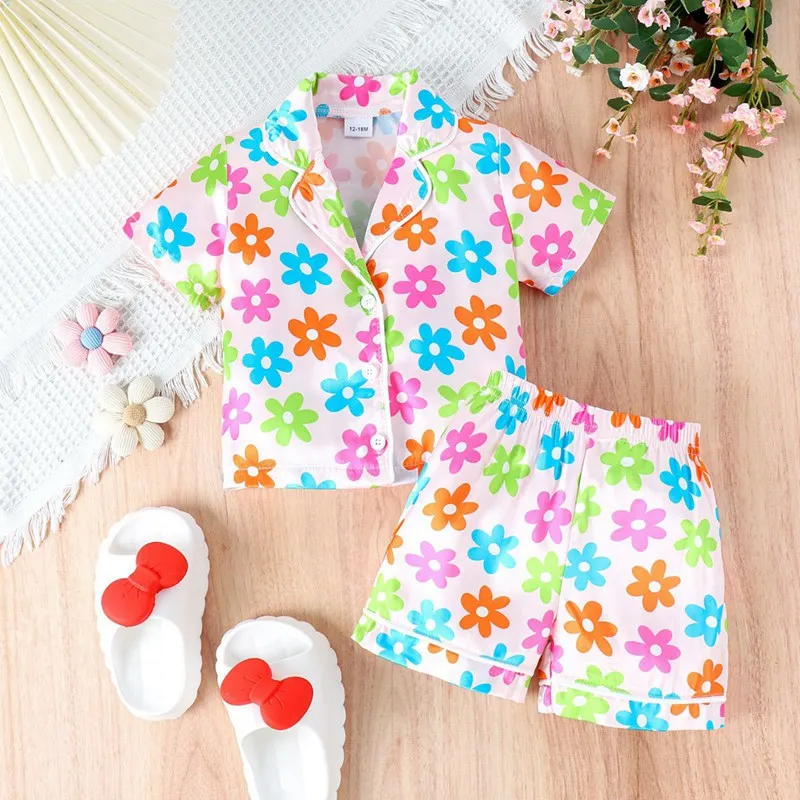 Children Pajamas Set Baby Kids Satin Silk Pyjama Toddler Summer Short Sleeve Faux Silk Nightwear Suit Girl Full Printed Homewear