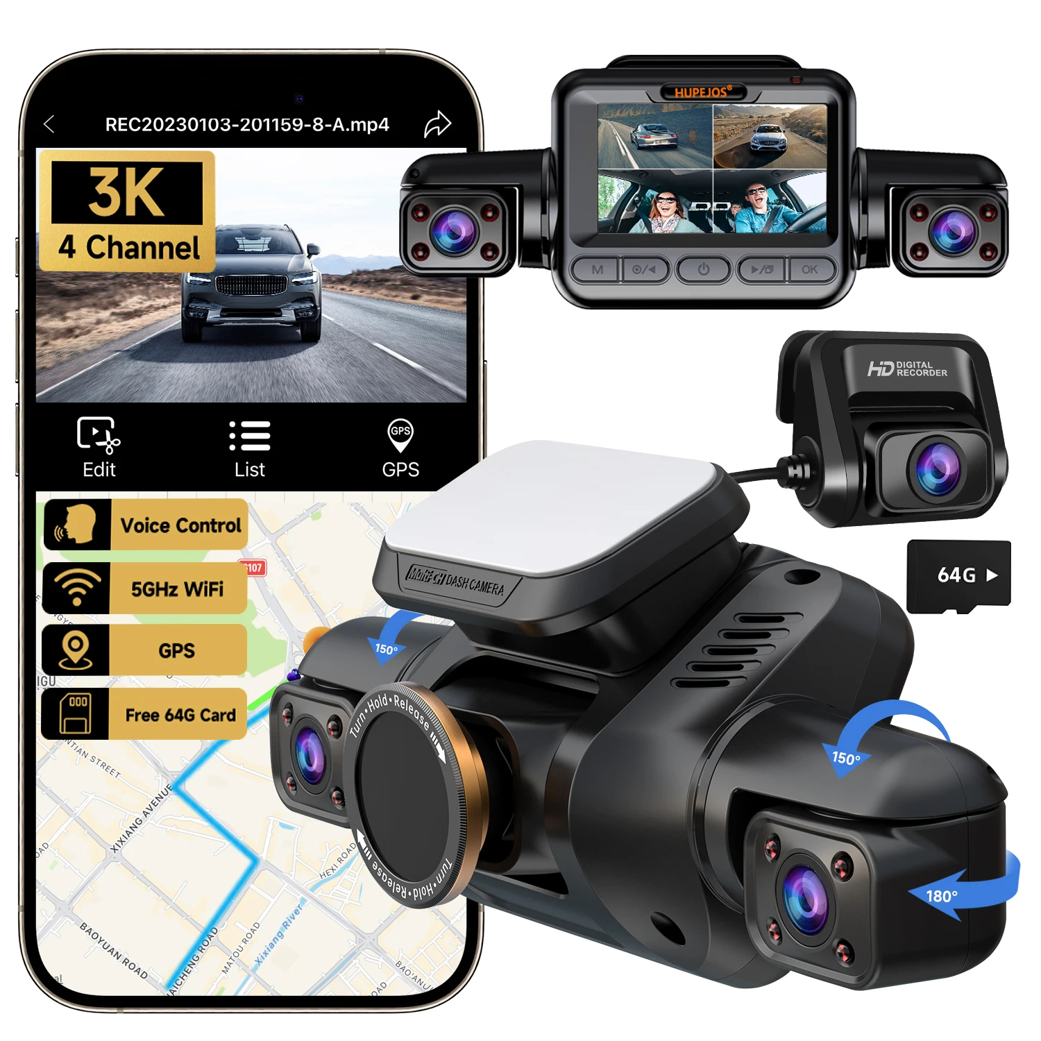 HUPEJOS V8PLUS-4CH 360° 4K Dash Cam AI Driver Monitor System Built-in WiFi GPS,Night Vision,Voice Control,24H Parking Mode