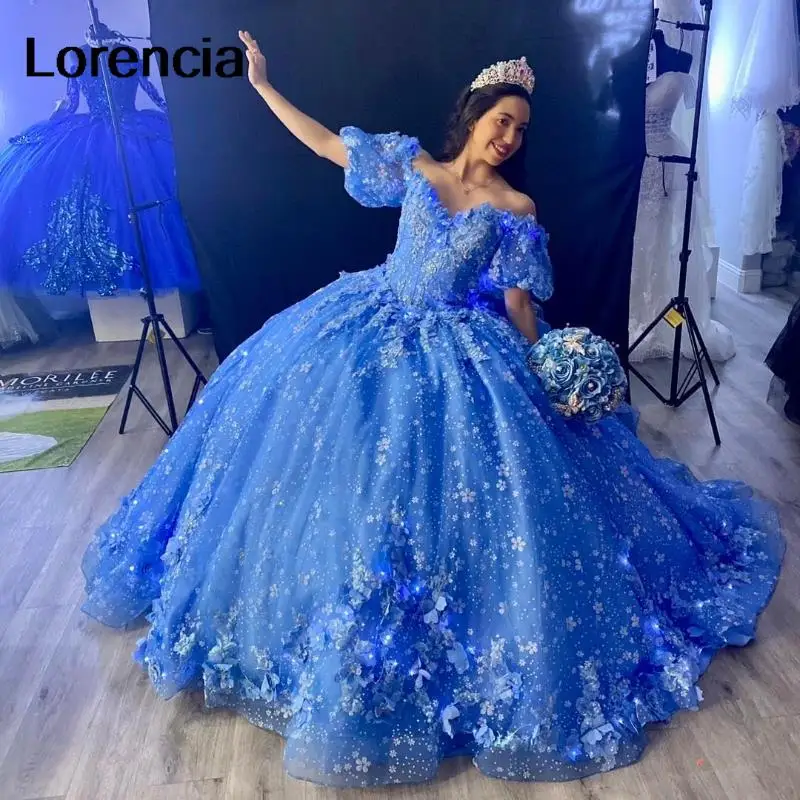 

Lorencia Royal Blue Shiny Quinceanera Dress Lace Applique Sequins Beading Off Shoulder Sweet 16 Vestidos De XV 15 Anos YQD584