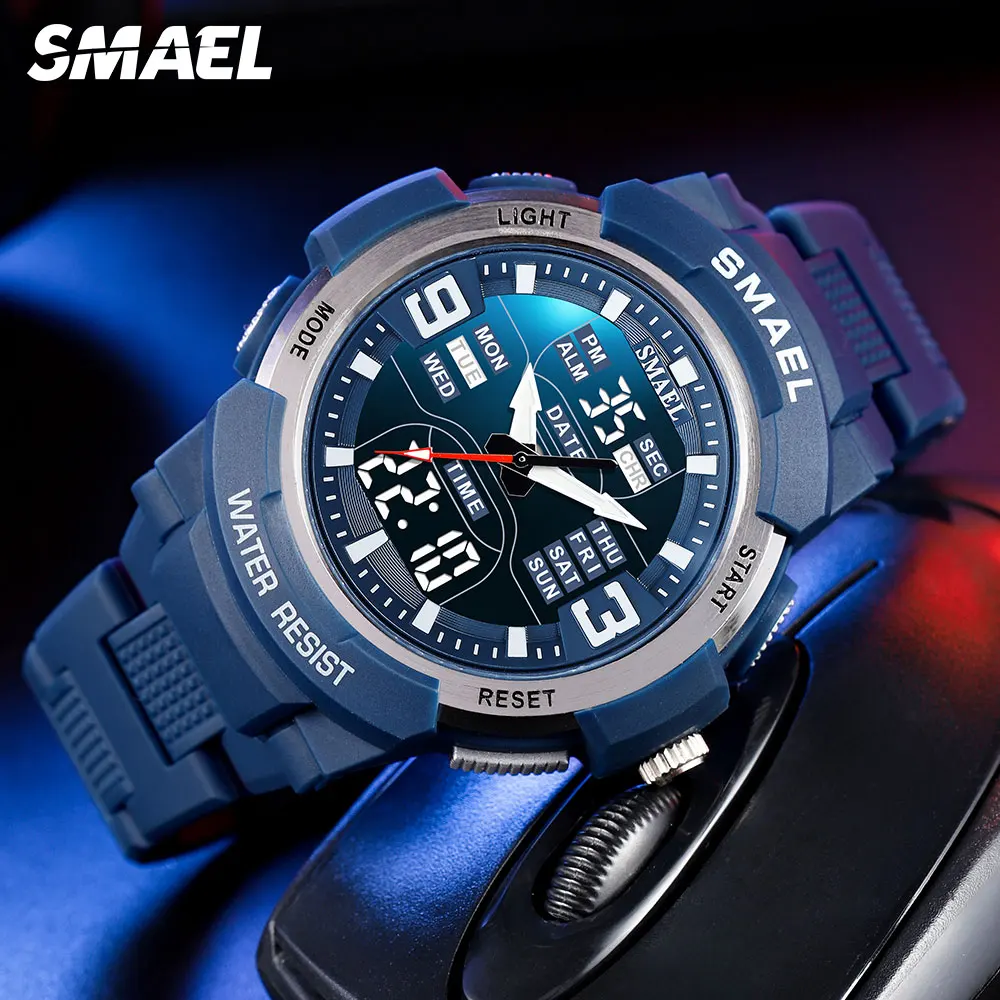 SMAEL Electronic Digital Watch for Men Fashion Chronograph Waterproof Quartz Wristwatch with Blue Rubber Strap Date Week 1912