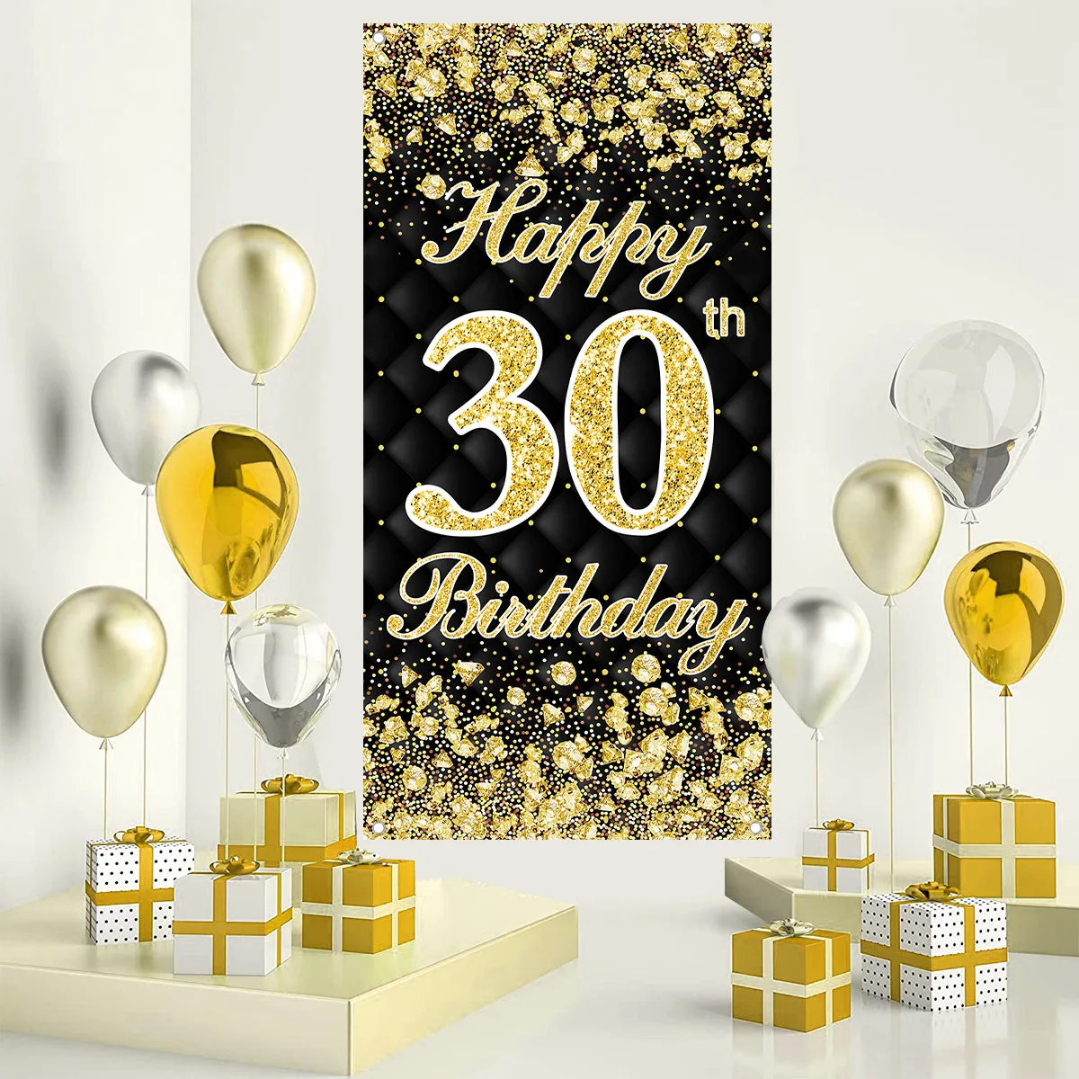 Black Gold 30th 40th 50th Birthday Hanging Banner Flag Happy 30 40 50 years old Birthday Party Decoration Adult Party Supplies