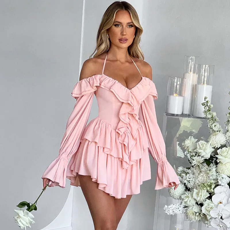 European and American Style Women's Summer New Sexy Hanging Neck Low Cut Ruffled Long Sleeved Jumpsuit Shorts