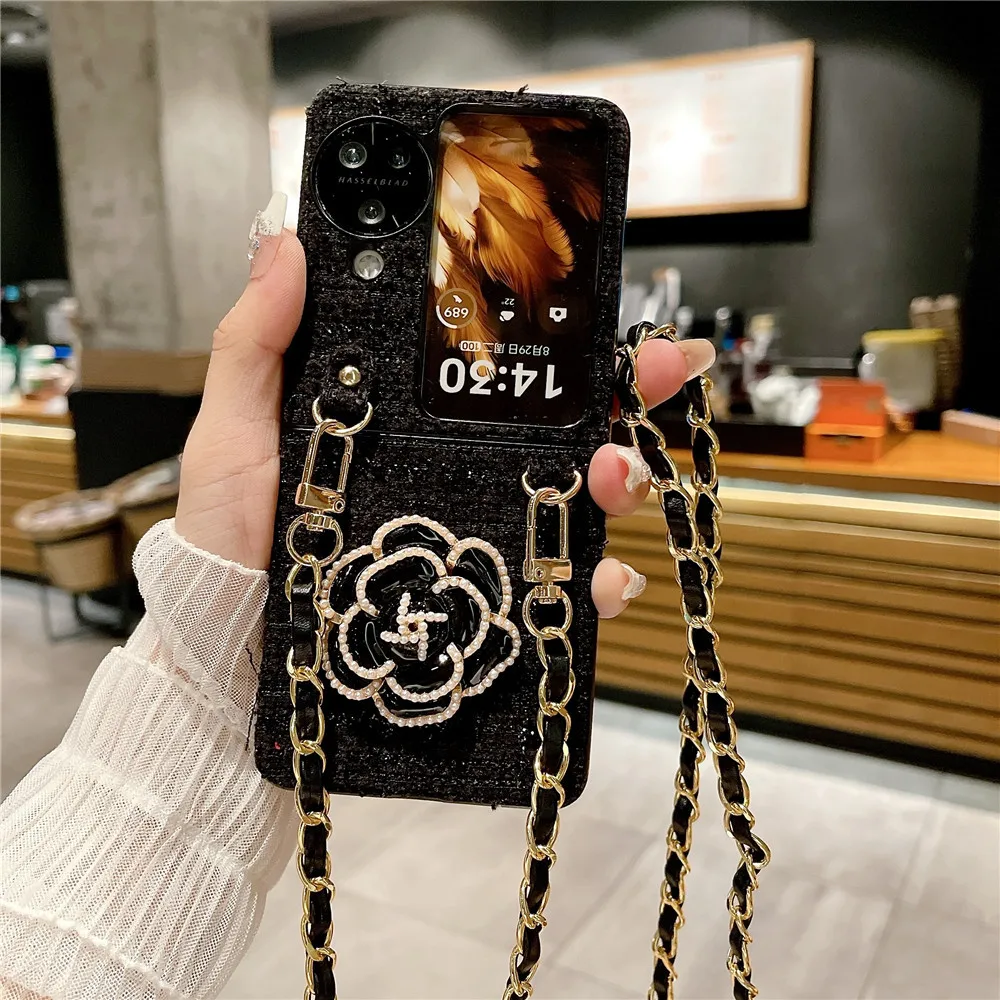 Korean Fashion Cute Woven Fabric Flower Crossbody Chain Phone Case For OPPO Find N3 Flip Case OPPO Find N2 Flip Cover N2Flip