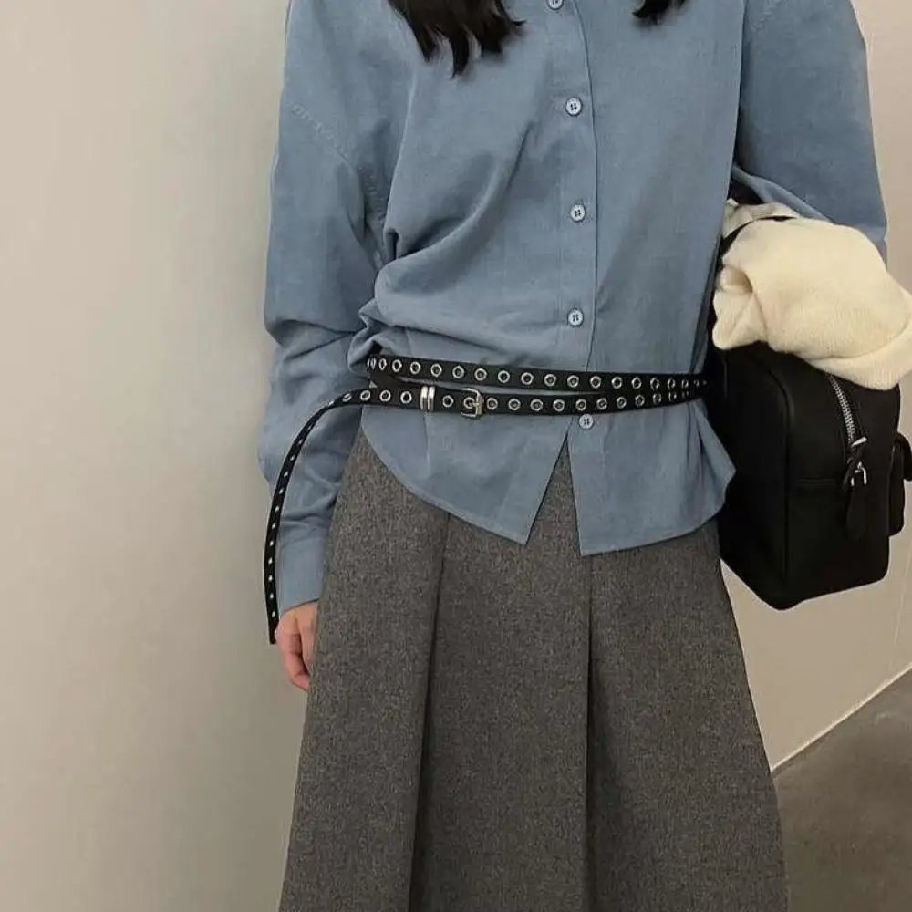 Punk Double Layer Thin Long Belt Rivet Eyelet Waist Chain DIY Wear Personality Buckle Belts Adjustable Spice Girl Accessory Belt