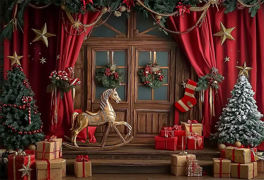 Mehofond التصوير خلفية عيد الميلاد لعبة الحصان طفل حفلة عيد ميلاد عيد الميلاد ستارة الباب الخشبي هدية ديكور خلفية استوديو الصور