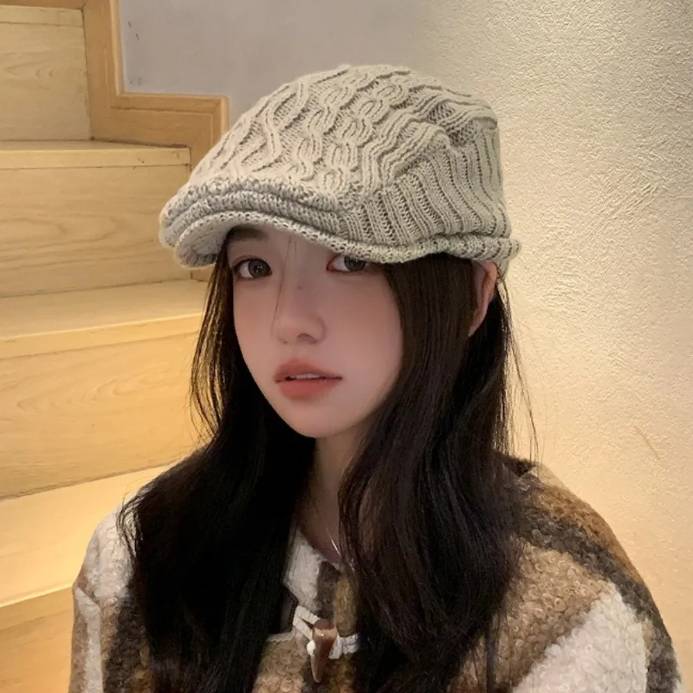 Fashion Wool Newsboy Beret Solid Color Breathable Warm Knit Hat Fleece Lined Casual Beanie Cap Winter