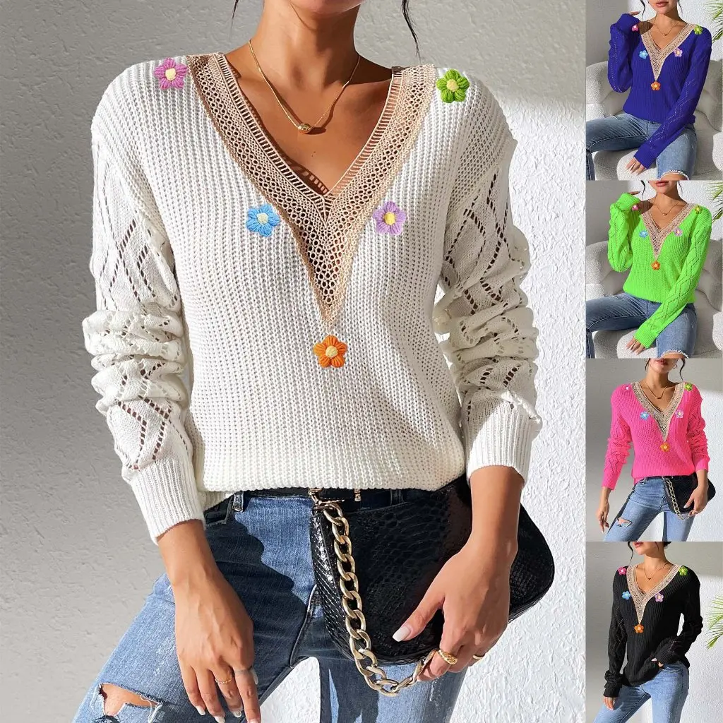 

Женский кружевной контрастный пуловер с v-образным вырезом, свитер в европейском и американском стиле, вязанная крючком рубашка с цветочной строчкой