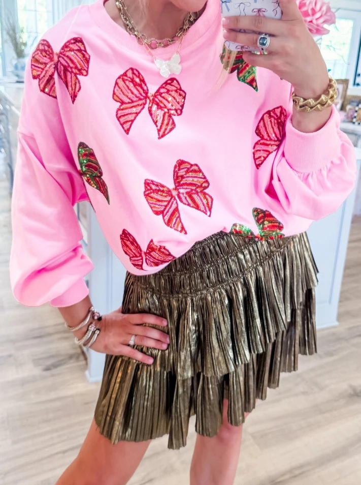 Trendy women's hoodie 2024 autumn fashion Christmas bowknot sequin O-neck loose casual long sleeved pullover women's sportswear